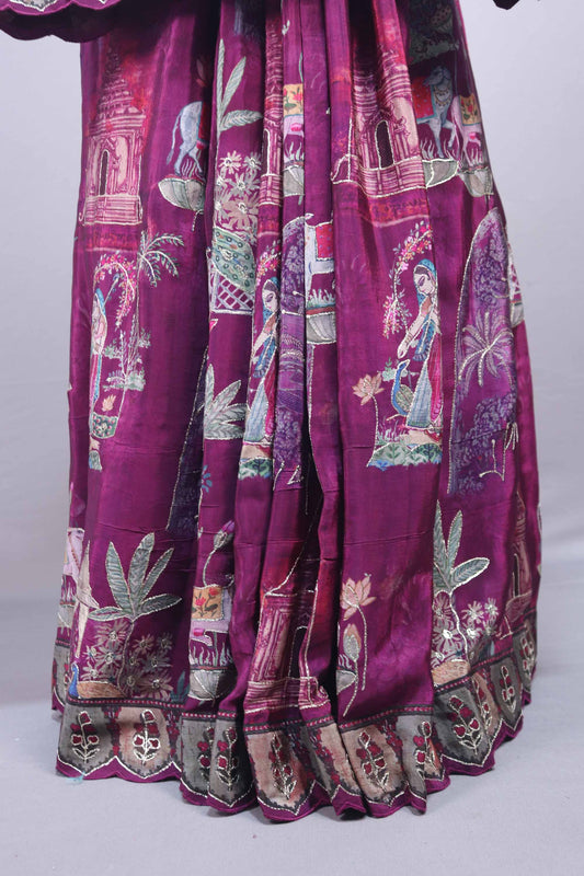 Rani Pink Designer Printed Saree with Traditional Elephant Palace Motif