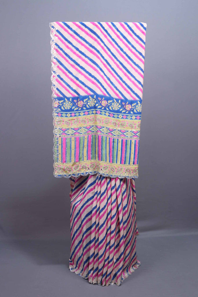 Cream Leheriya Printed Saree Multicolor Designer Embroidered Border 