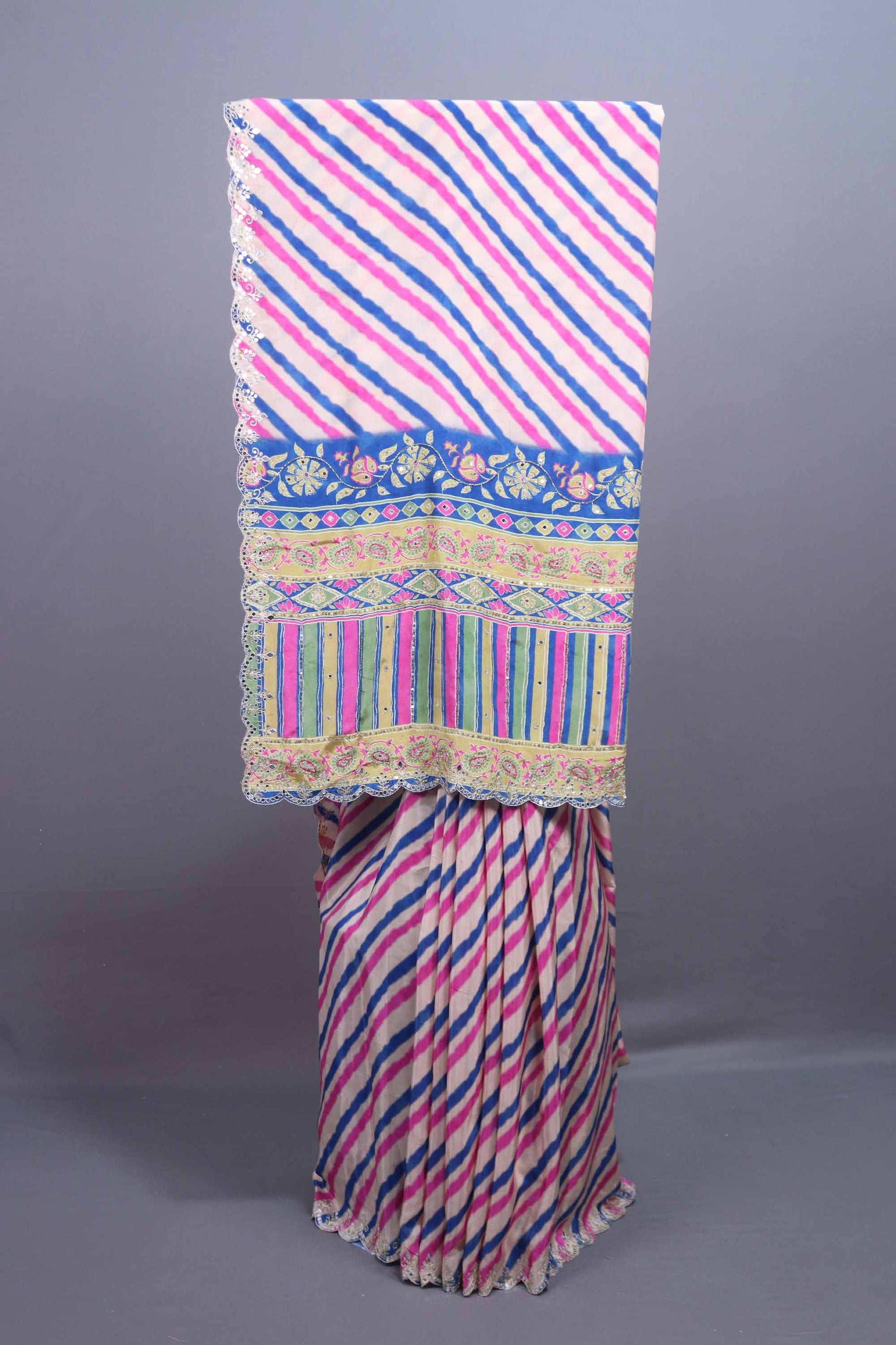 Cream Leheriya Printed Saree Multicolor Designer Embroidered Border 