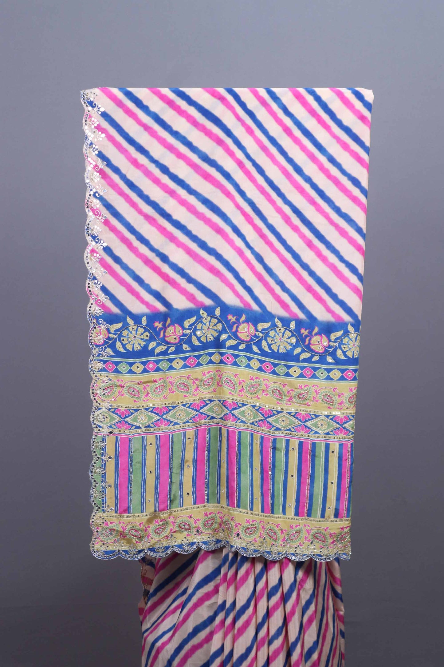 Cream Leheriya Printed Saree Multicolor Designer Embroidered Border