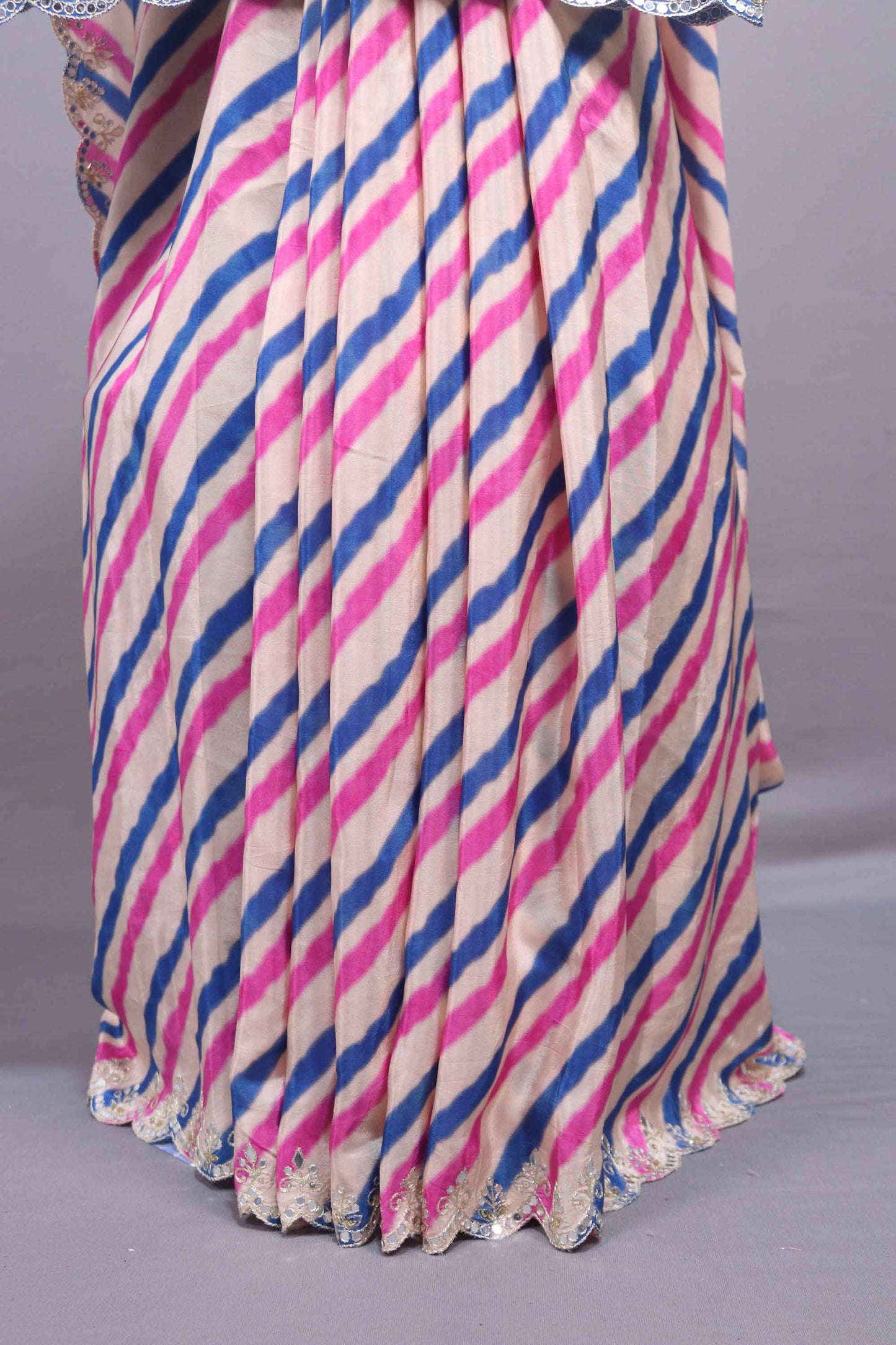 Cream Leheriya Printed Saree Multicolor Designer Embroidered Border