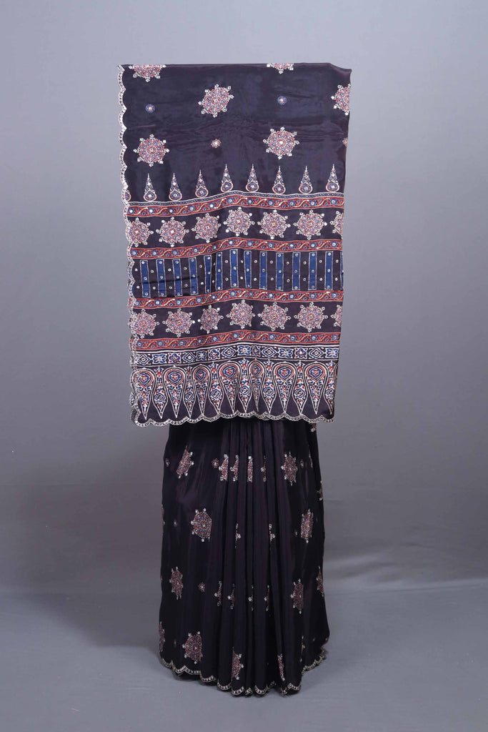 Navy Blue Printed Saree Traditional Ajrakh Style Motifs Designer Border