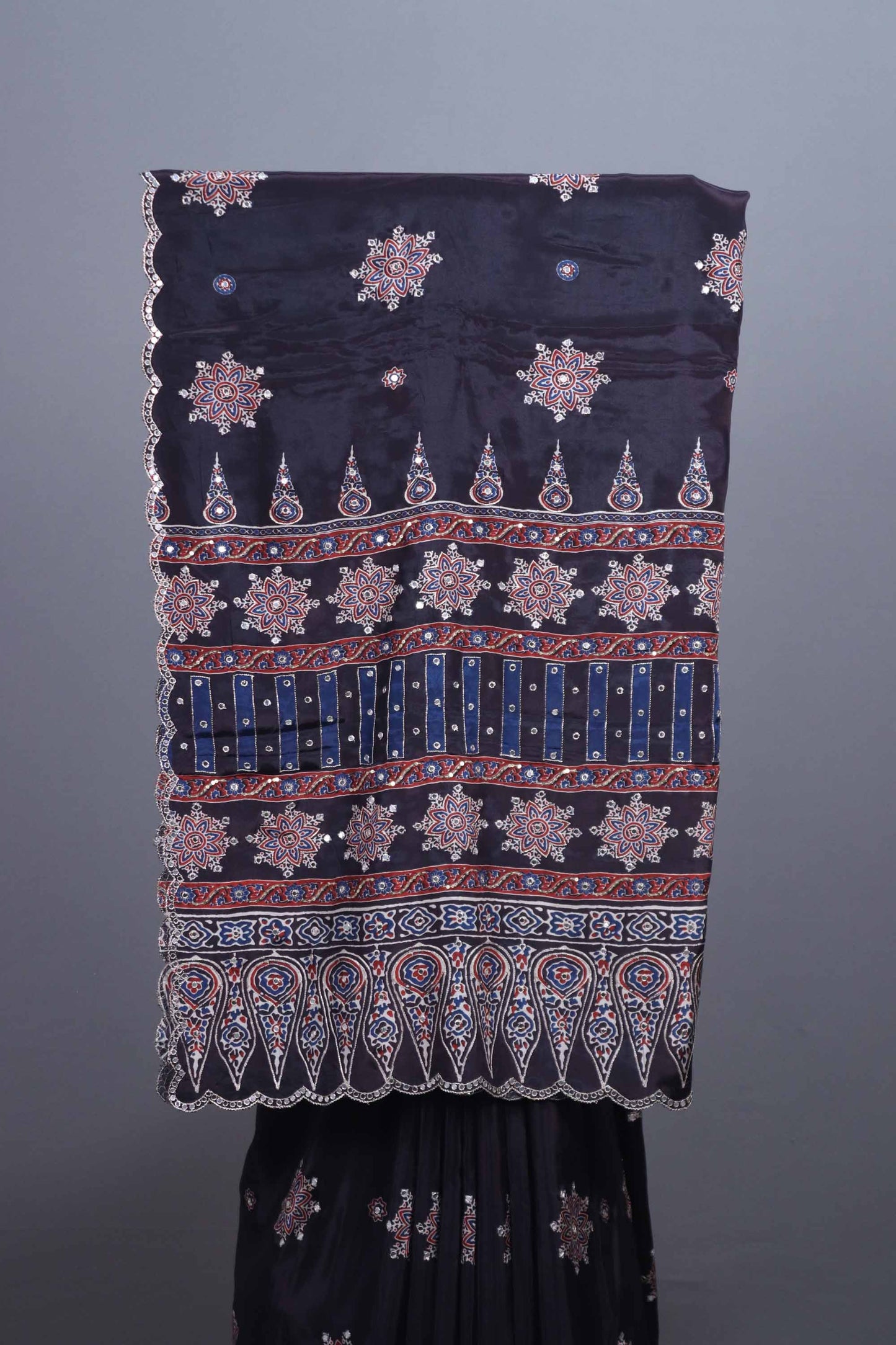 Navy Blue Printed Saree Traditional Ajrakh Style Motifs Designer Border