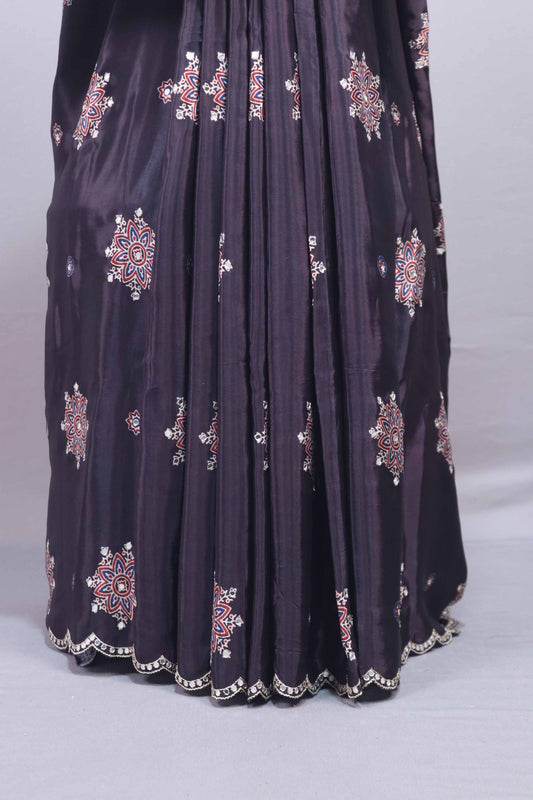 Navy Blue Printed Saree Traditional Ajrakh Style Motifs Designer Border