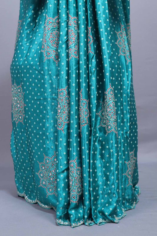 Turquoise Blue Designer Printed Saree with Floral Mandala Motifs