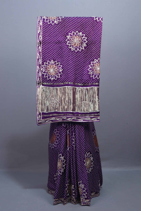 Purple Bandhani Printed Saree Floral Mandala Motifs Designer Border