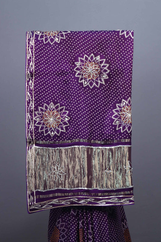 Purple Bandhani Printed Saree Floral Mandala Motifs Designer Border