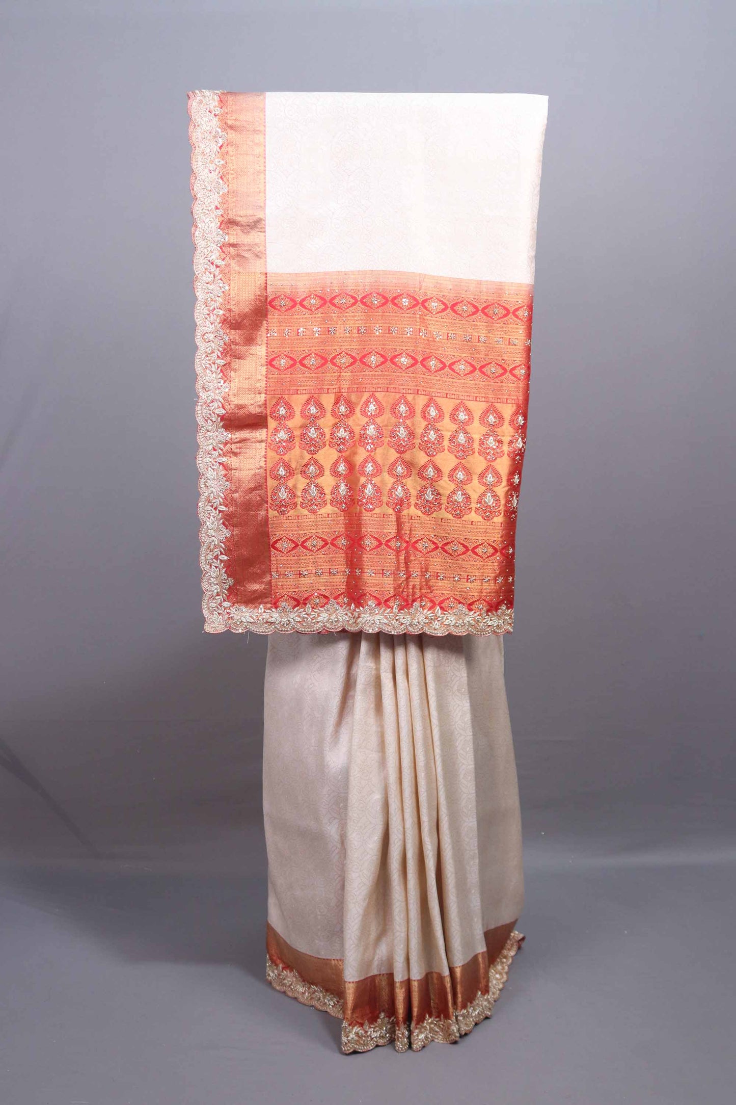 Cream Silk Saree with Orange Zari Woven Border Rich Pallu
