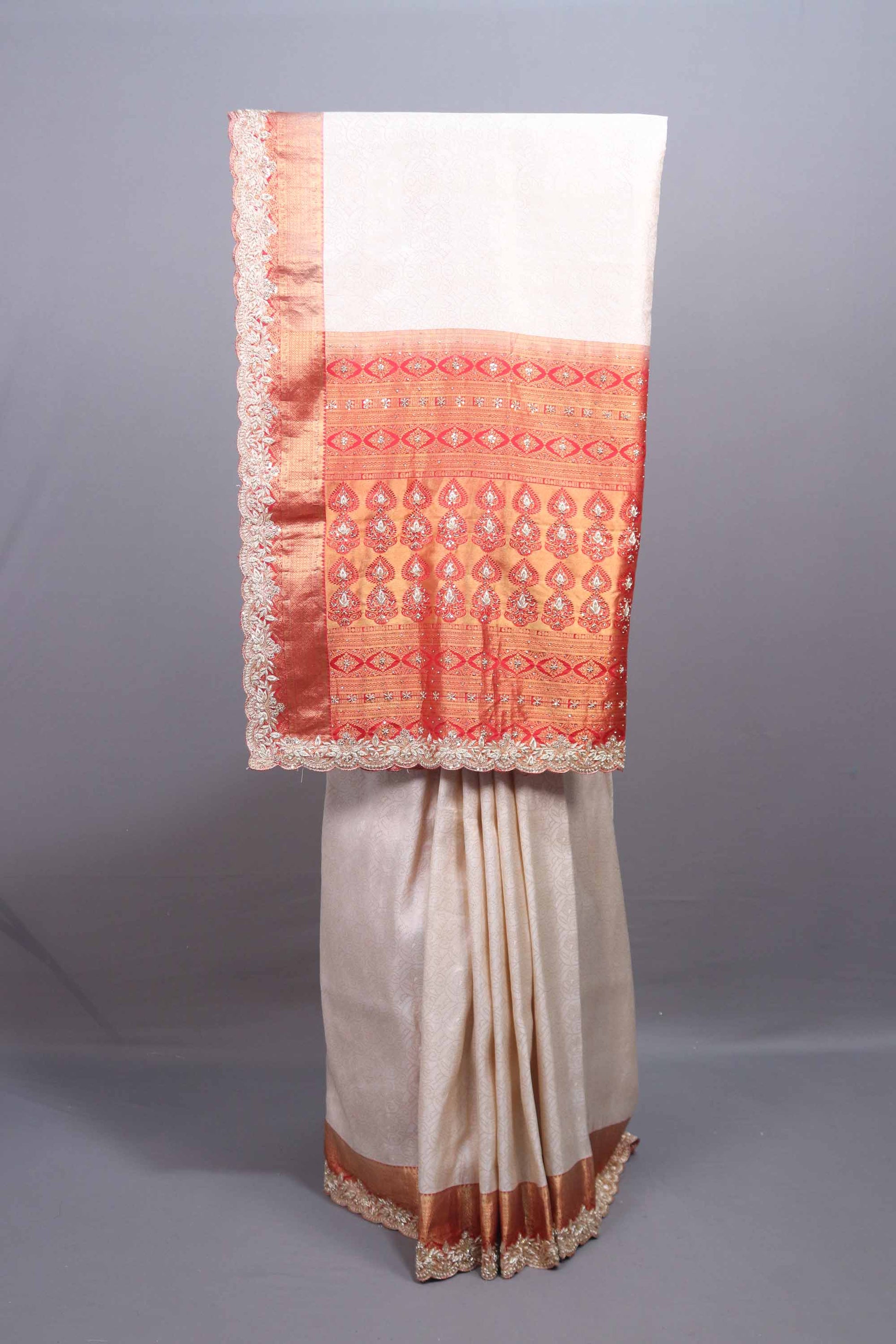 Cream Silk Saree with Orange Zari Woven Border Rich Pallu