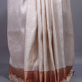Cream Silk Saree with Orange Zari Woven Border Rich Pallu