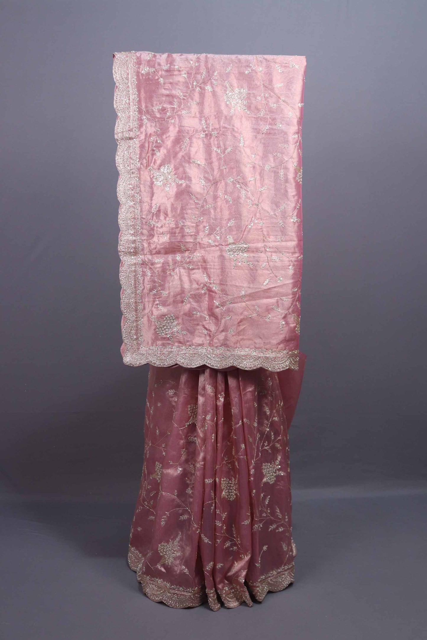 Blush Pink Organza Silk Saree with Silver Floral Embroidery Lace Border