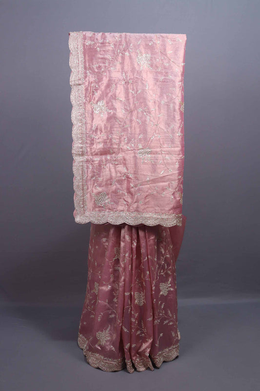 Blush Pink Organza Silk Saree with Silver Floral Embroidery Lace Border
