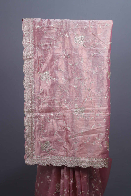 Blush Pink Organza Silk Saree with Silver Floral Embroidery Lace Border