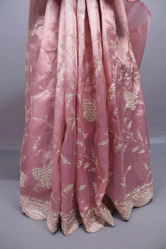 Blush Pink Organza Silk Saree with Silver Floral Embroidery Lace Border