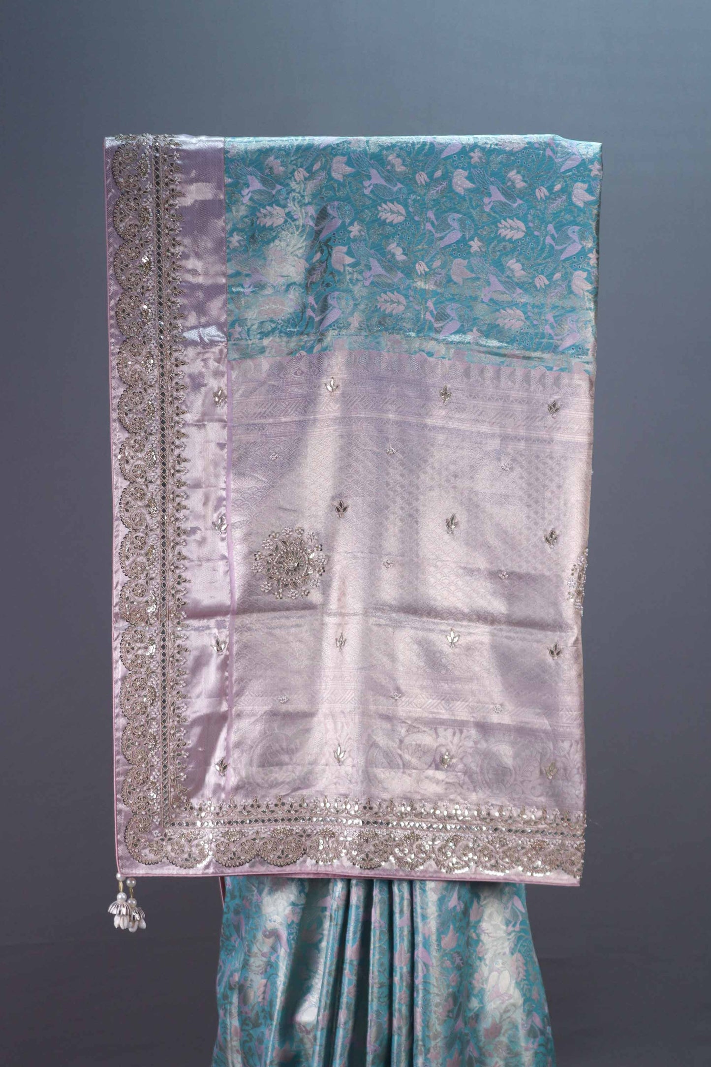 Sea Green Pastel Pink Silk Saree Silver Zari Weaving Heavy Lace Border