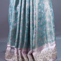 Sea Green Pastel Pink Silk Saree Silver Zari Weaving Heavy Lace Border