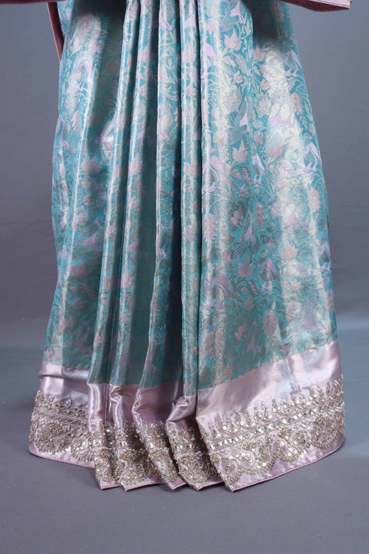 Sea Green Pastel Pink Silk Saree Silver Zari Weaving Heavy Lace Border