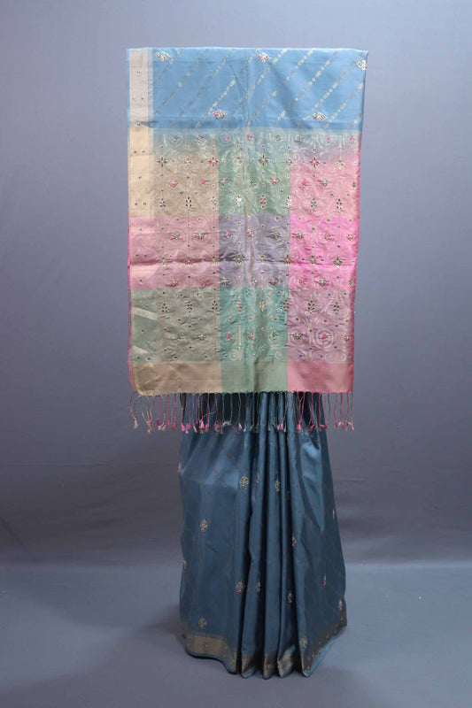 Multicolor Pastel Silk Saree Embroidered Butti Work Tassel Pallu