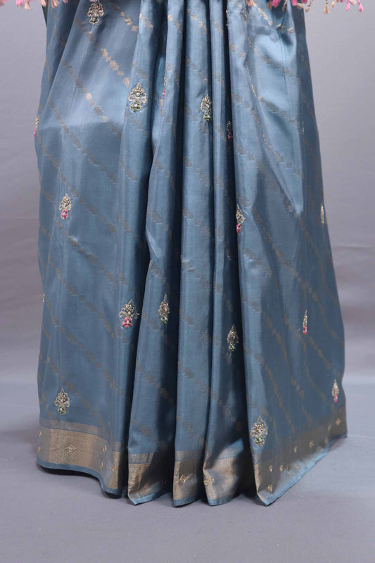 Multicolor Pastel Silk Saree Embroidered Butti Work Tassel Pallu