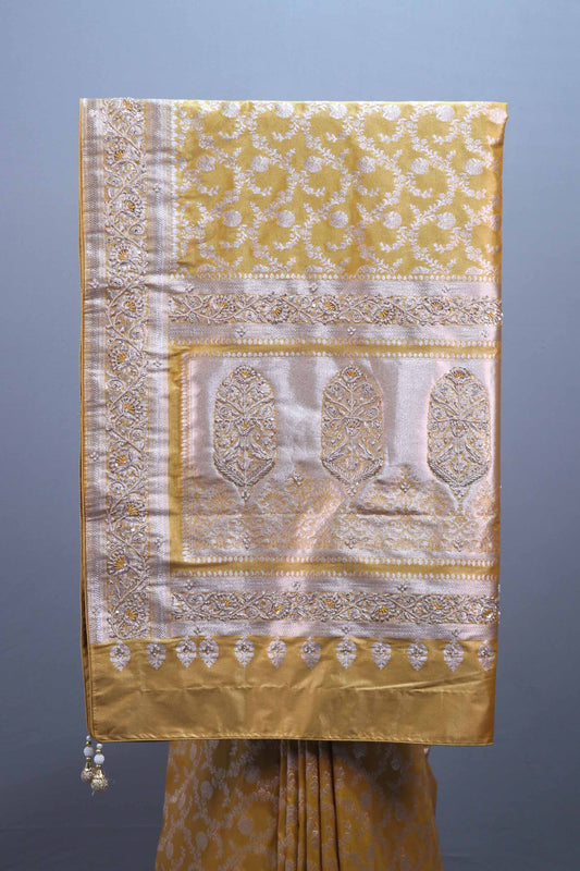 Mustard Yellow Banarasi Silk Saree Silver Zari Weaving Heavy Designer Border