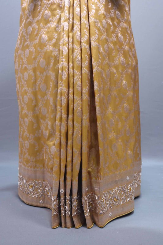Mustard Yellow Banarasi Silk Saree Silver Zari Weaving Heavy Designer Border
