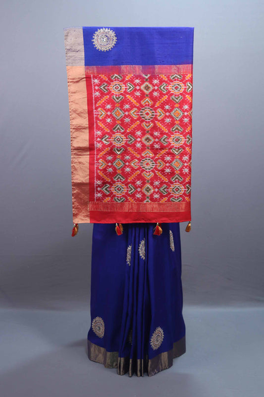Royal Blue Silk Saree Red Patola Design Pallu Zari Traditional Saree