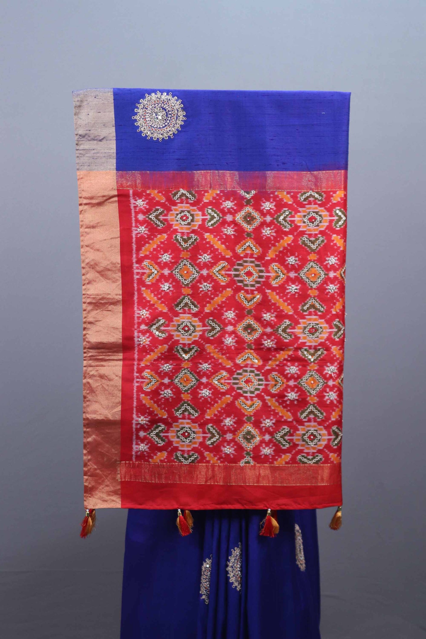 Royal Blue Silk Saree Red Patola Design Pallu Zari Traditional Saree