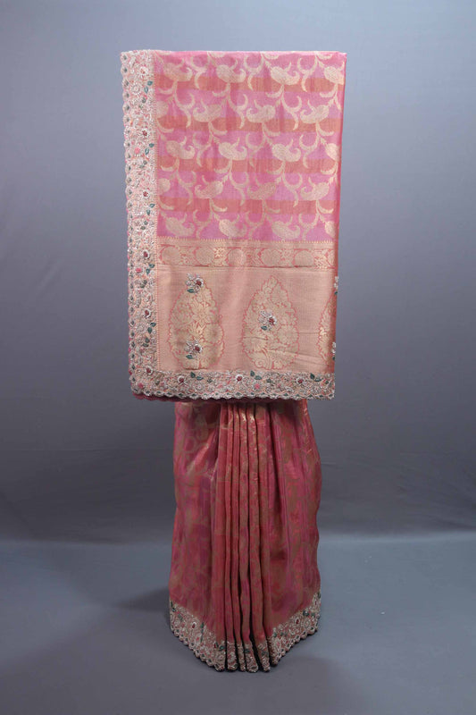 Pink Banarasi Silk Saree with Gold Zari Weaving Embroidered Border