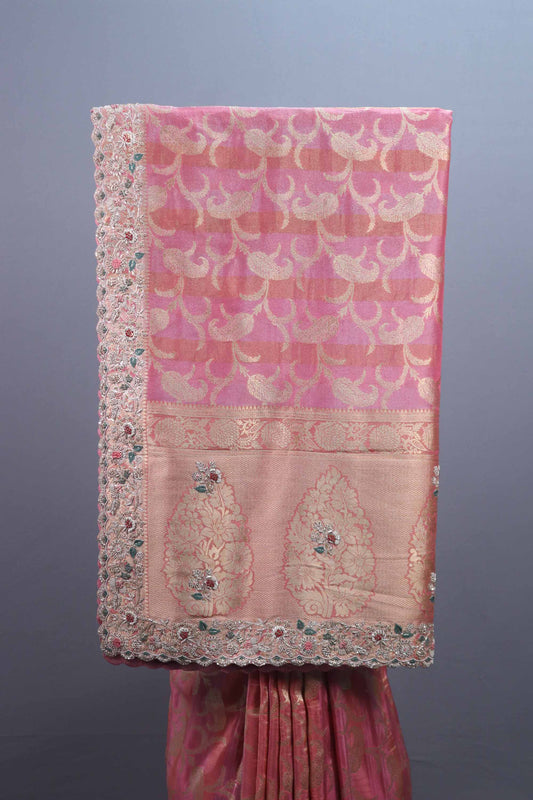 Pink Banarasi Silk Saree with Gold Zari Weaving Embroidered Border
