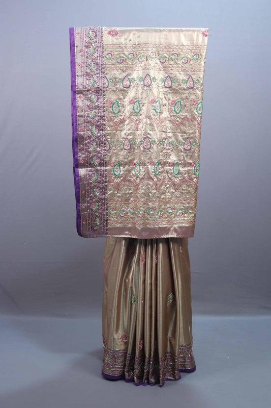 Beige Silk Saree with Multicolor Embroidery Purple Designer Border