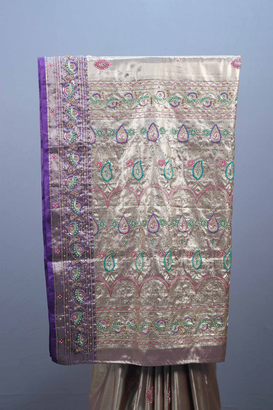 Beige Silk Saree with Multicolor Embroidery Purple Designer Border