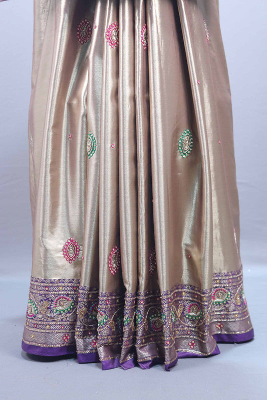 Beige Silk Saree with Multicolor Embroidery Purple Designer Border