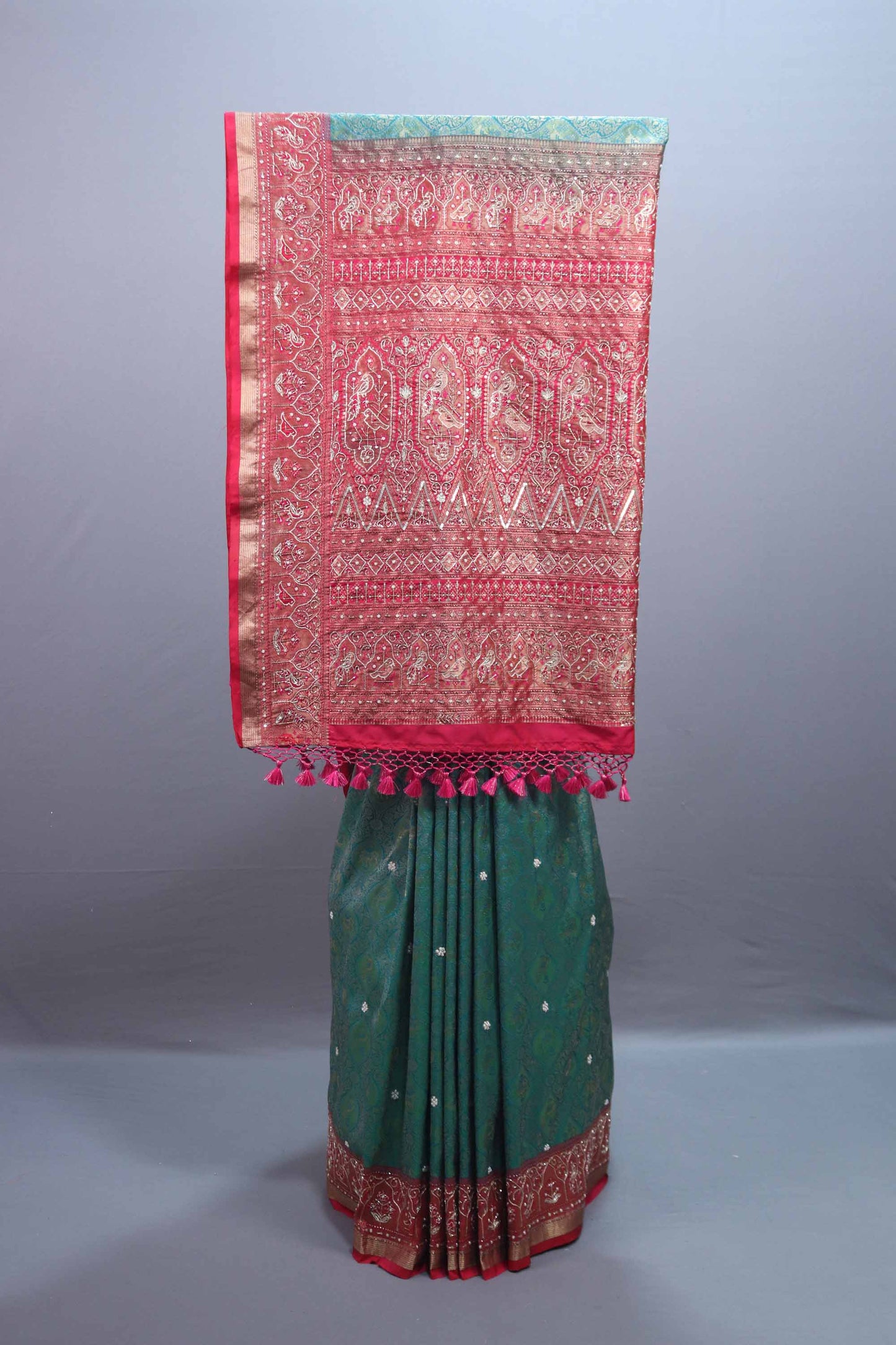 Green Red Banarasi Silk Saree with Intricate Zari Work and Tassel Pallu 
