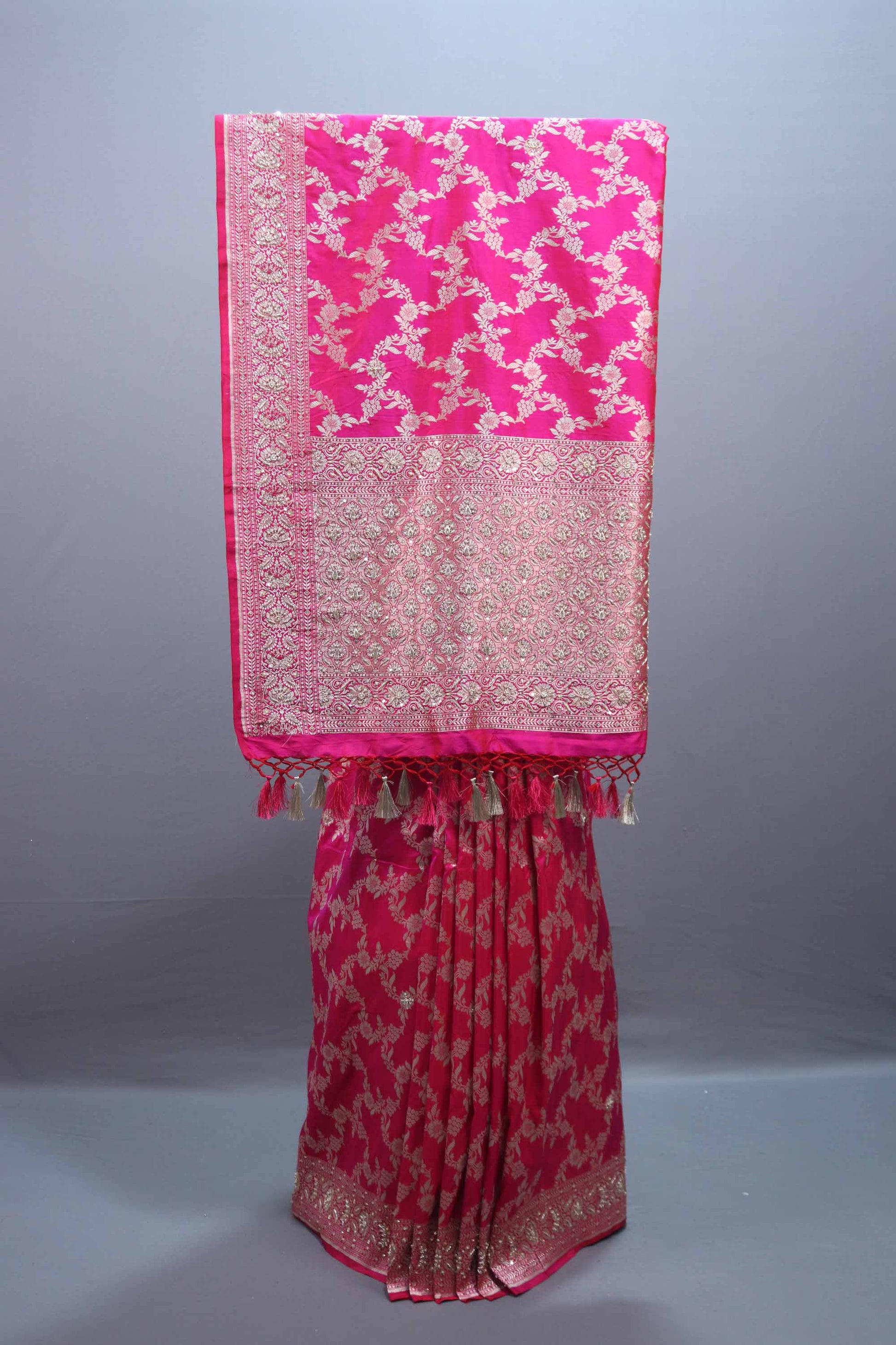 Hot Pink Banarasi Silk Saree with ari Floral Weaving and Heavy Border 