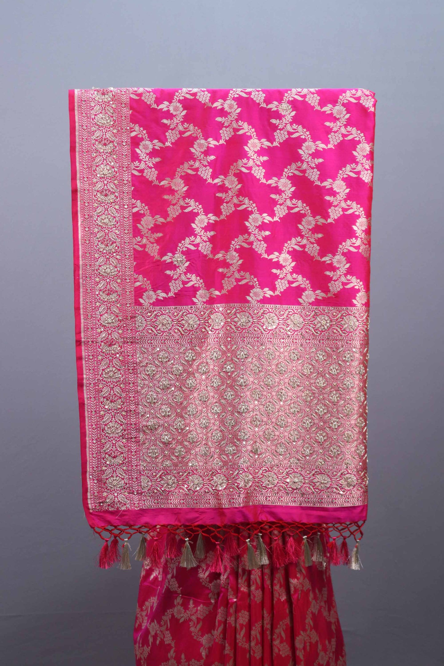 Hot Pink Banarasi Silk Saree with ari Floral Weaving and Heavy Border