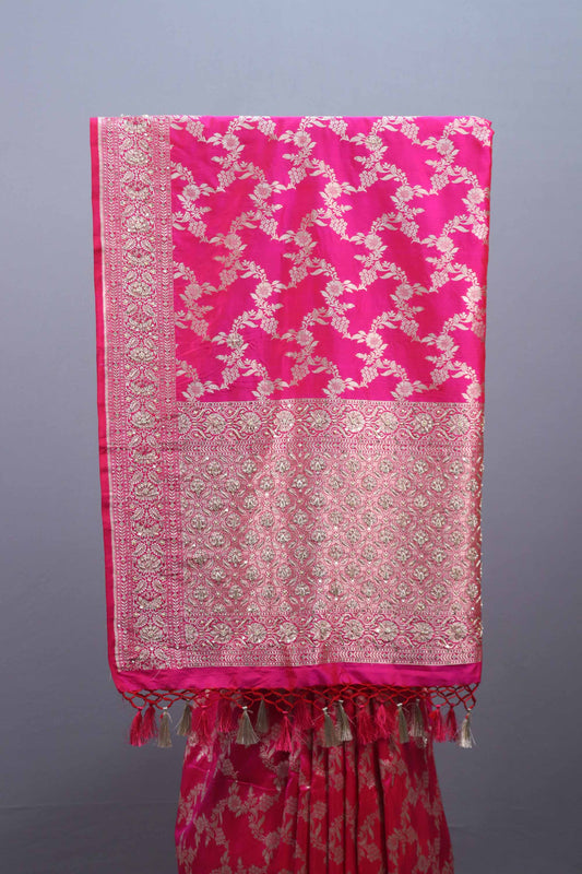 Hot Pink Banarasi Silk Saree with ari Floral Weaving and Heavy Border