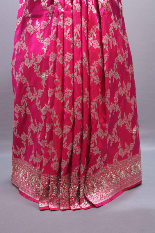 Hot Pink Banarasi Silk Saree with ari Floral Weaving and Heavy Border