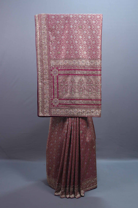 Rose Pink Banarasi Silk Saree with Zari Weaving, Heavy Traditional Pallu 