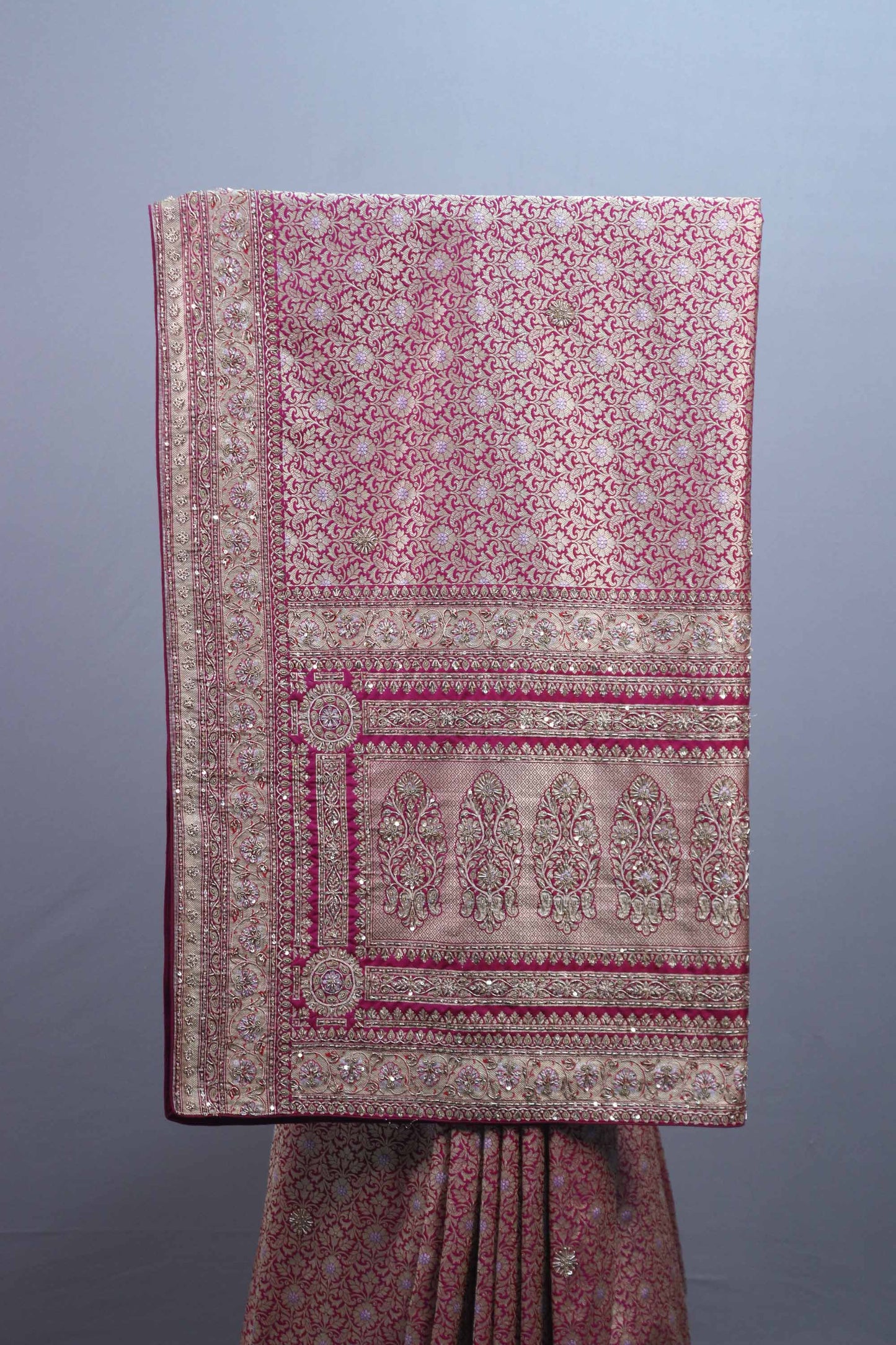 Rose Pink Banarasi Silk Saree with Zari Weaving, Heavy Traditional Pallu