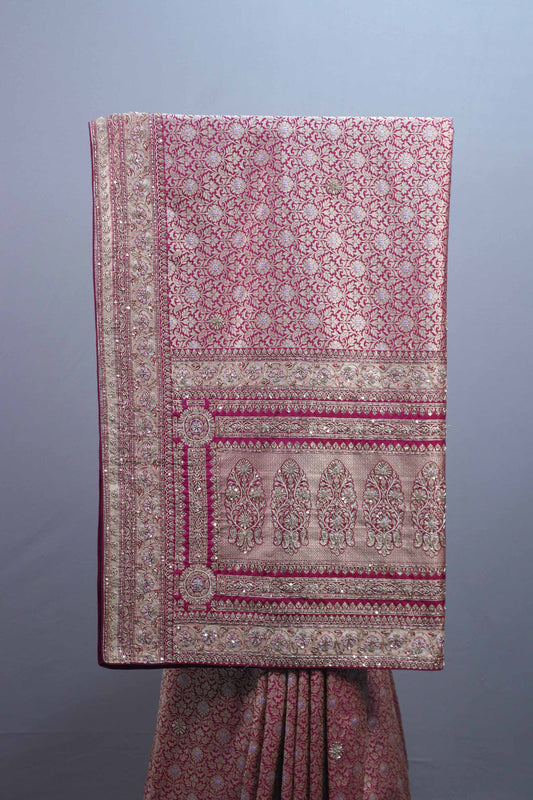 Rose Pink Banarasi Silk Saree with Zari Weaving, Heavy Traditional Pallu