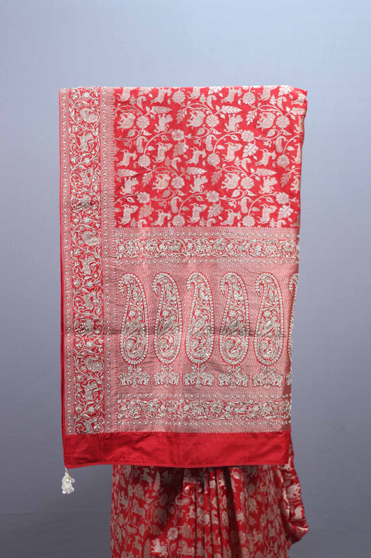 Red Banarasi Silk Saree Rich Floral Zari Weaving Heavy Traditional Pallu