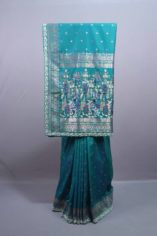 Teal Green Banarasi Silk Saree with Silver Zari Floral Weaving Rich Border