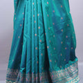Teal Green Banarasi Silk Saree with Silver Zari Floral Weaving Rich Border