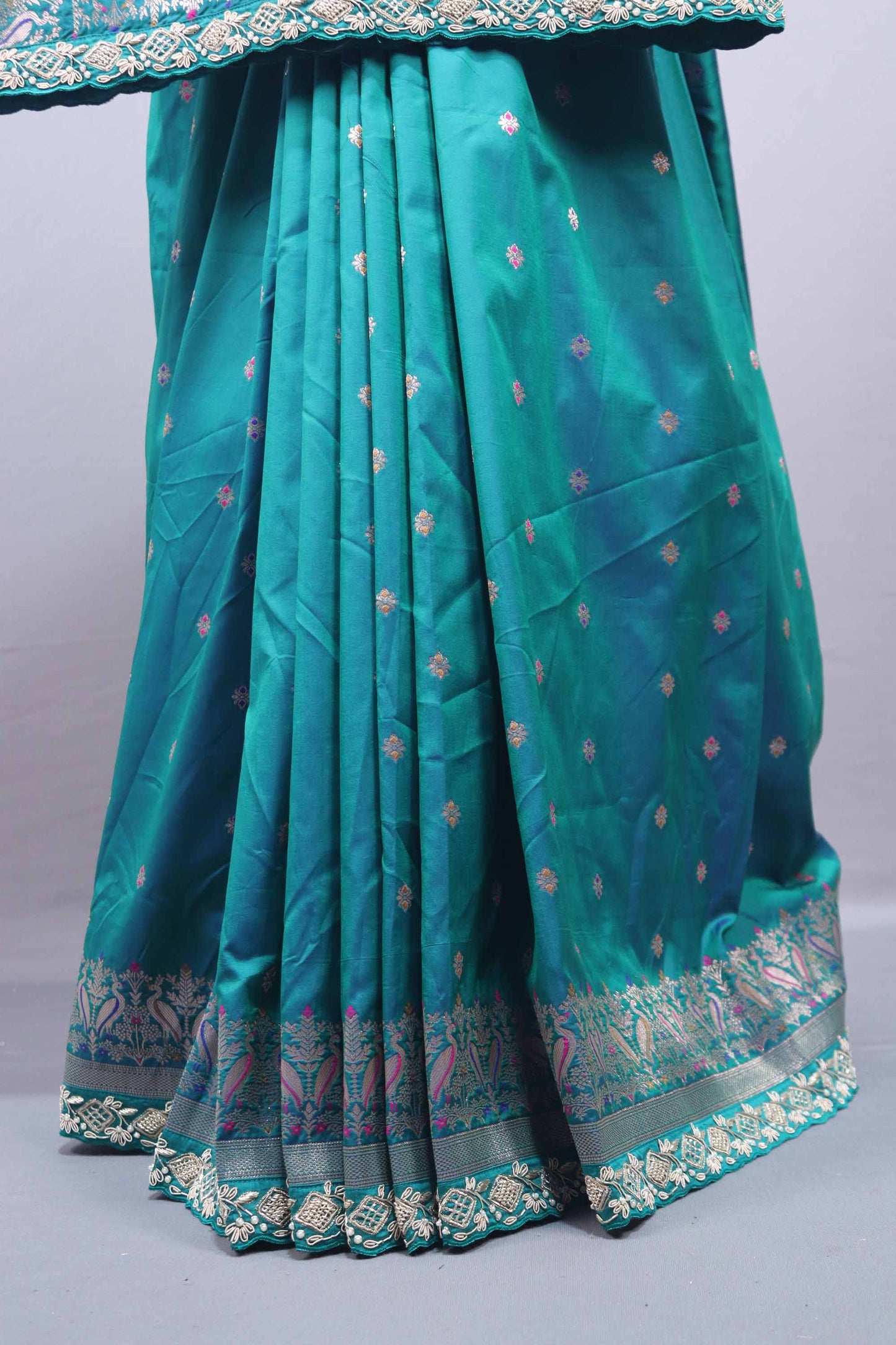 Teal Green Banarasi Silk Saree with Silver Zari Floral Weaving Rich Border