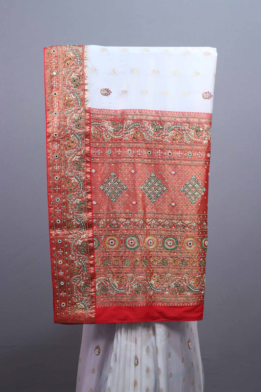 White Red Banarasi Silk Saree with Heavy Zari Woven Border