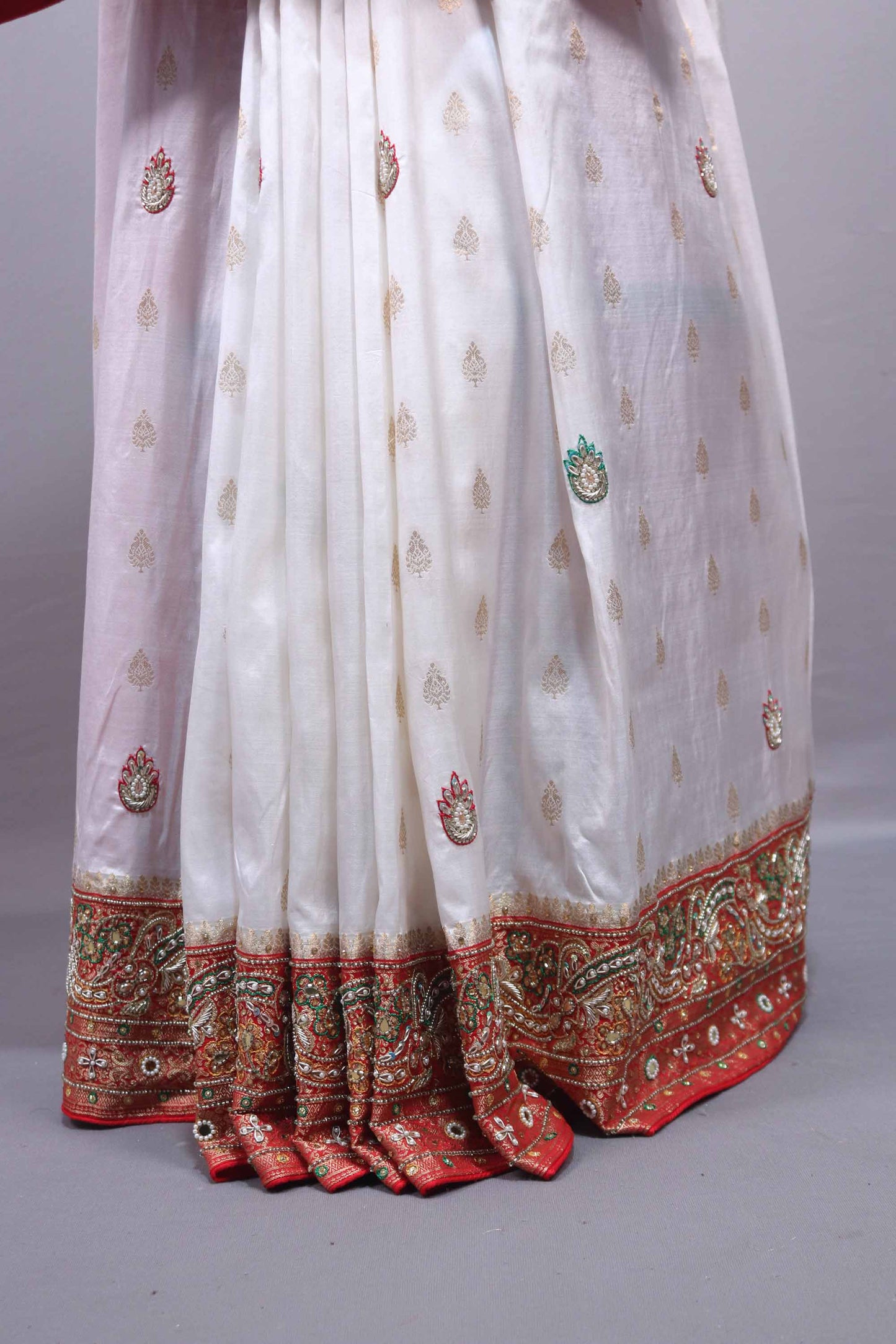 White Red Banarasi Silk Saree with Heavy Zari Woven Border