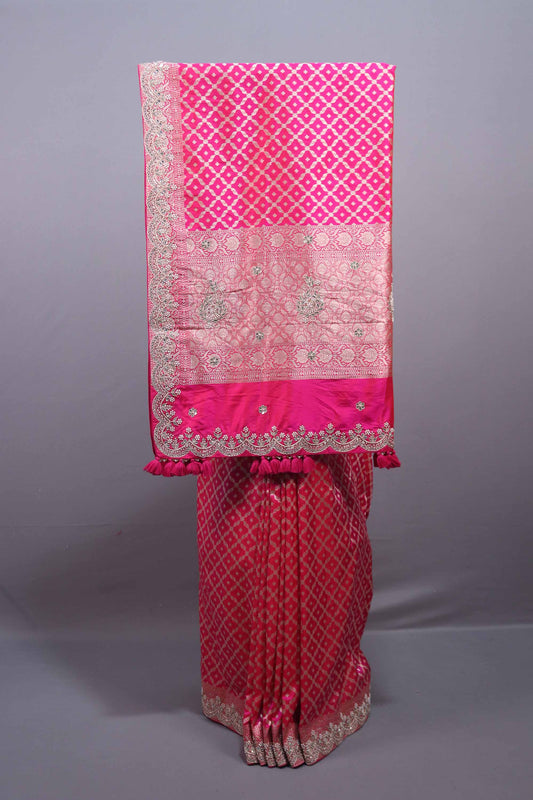 Hot Pink Banarasi Silk Saree with Silver Zari Buti Work Designer Border 