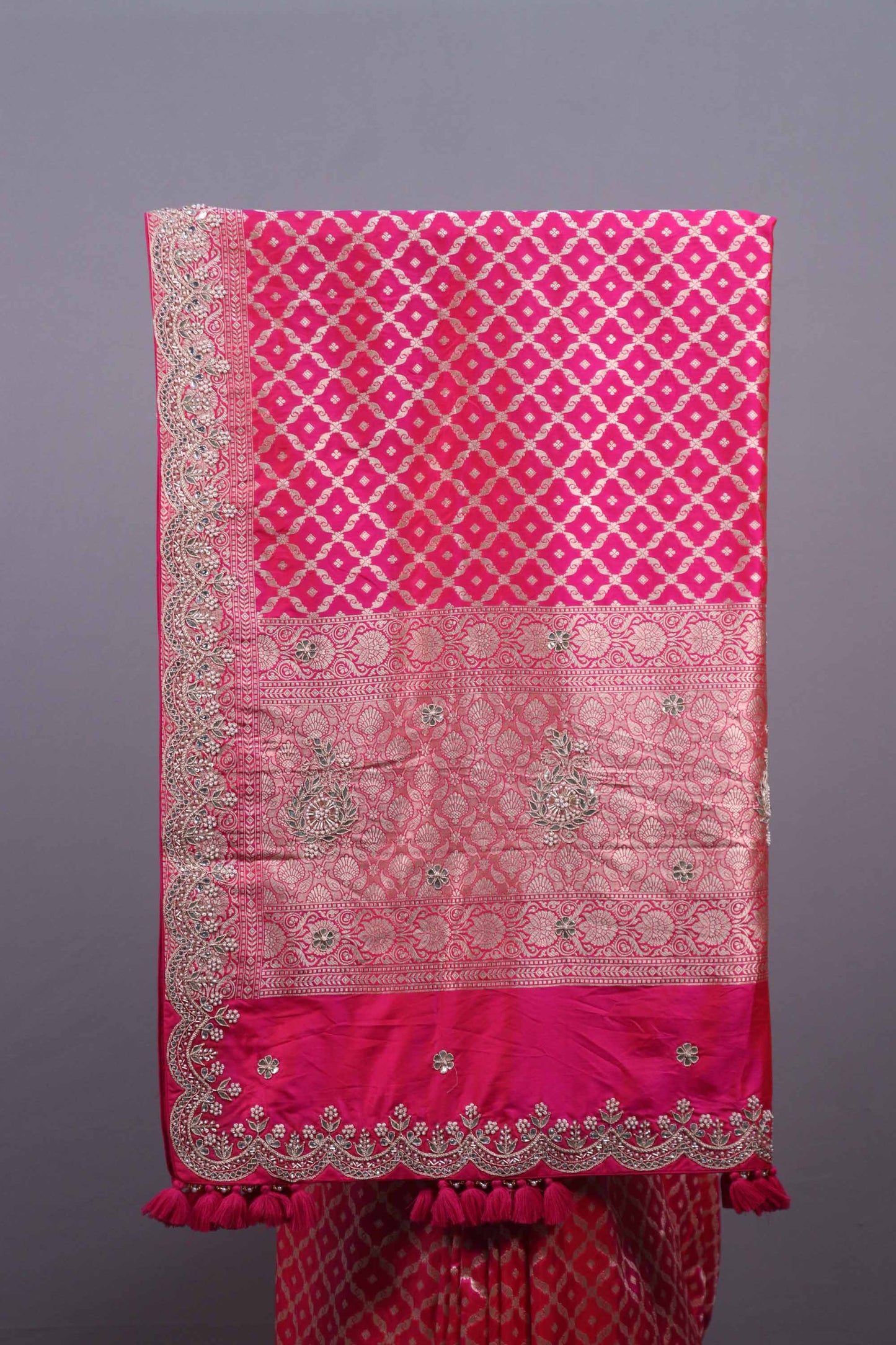 Hot Pink Banarasi Silk Saree with Silver Zari Buti Work Designer Border