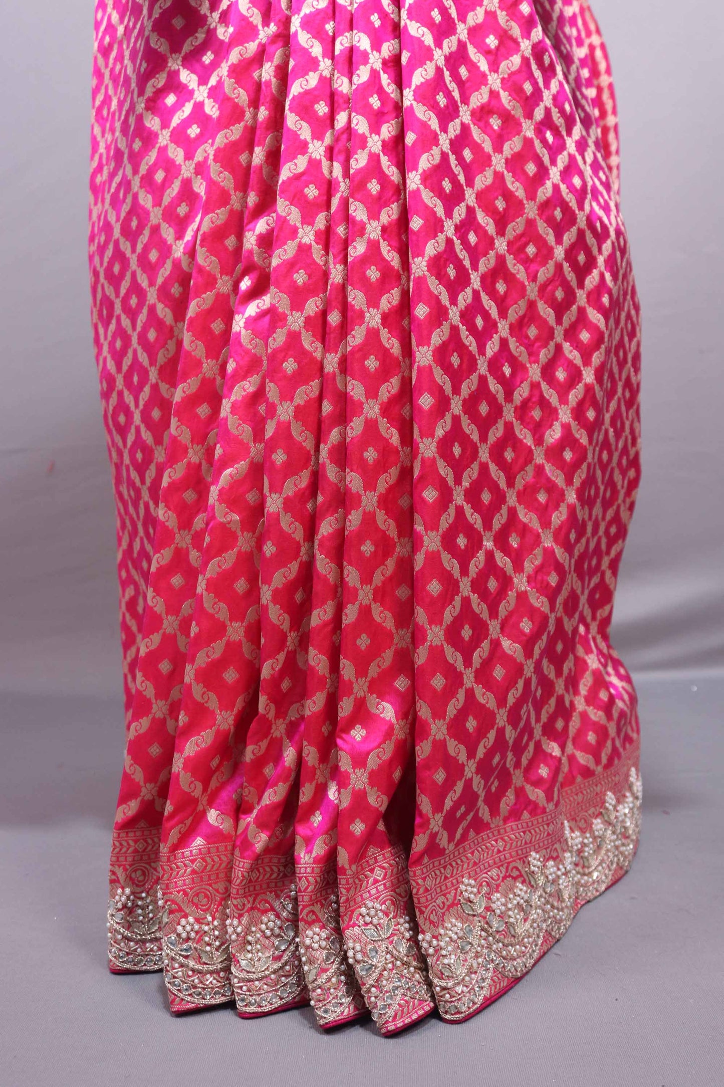 Hot Pink Banarasi Silk Saree with Silver Zari Buti Work Designer Border