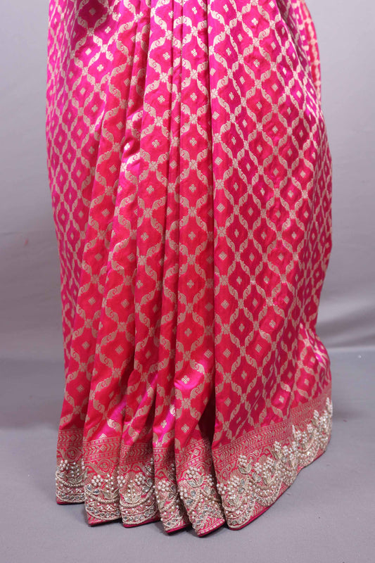 Hot Pink Banarasi Silk Saree with Silver Zari Buti Work Designer Border